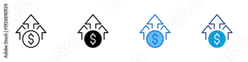 Profit Growth Multiple Style Icon Design Vector - Dollar coin surrounded by upward arrows representing profit growth, revenue expansion, and business scaling