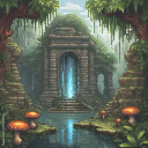 A pixel art image depicts a lush forest with a stone arch, a flowing river, and several orange mushrooms.