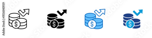 Revenue Growth Multiple Style Icon Design Vector - Stacked coins with upward arrow representing revenue growth, financial performance increase, and profit expansion