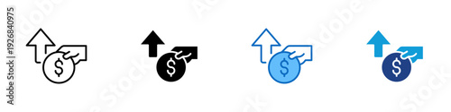 Salary Increase Multiple Style Icon Design Vector - Hand holding dollar coin with upward arrow representing salary increase, income growth, and financial advancement