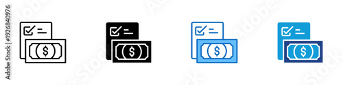 Tax Documentation Multiple Style Icon Design Vector - Checklist document with banknote representing tax documentation, payment verification, and financial reporting