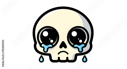 Sad, pleading cartoon skull character sheds large blue tears from enormous, glossy black eyes on a clean white backdrop.