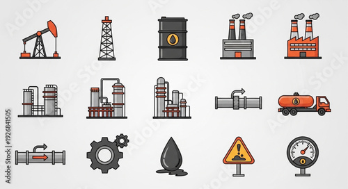Oil and gas industry icons representing extraction, processing, and transportation of petroleum products.