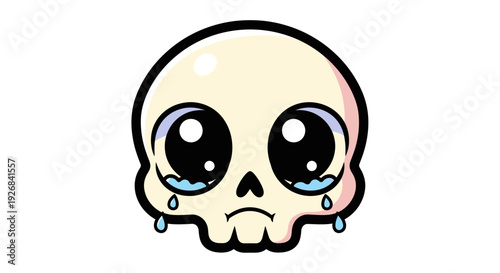 This adorable, pale-toned skull graphic shows a drowsy face with prominent, wide black eyes rendered with high contrast on white.