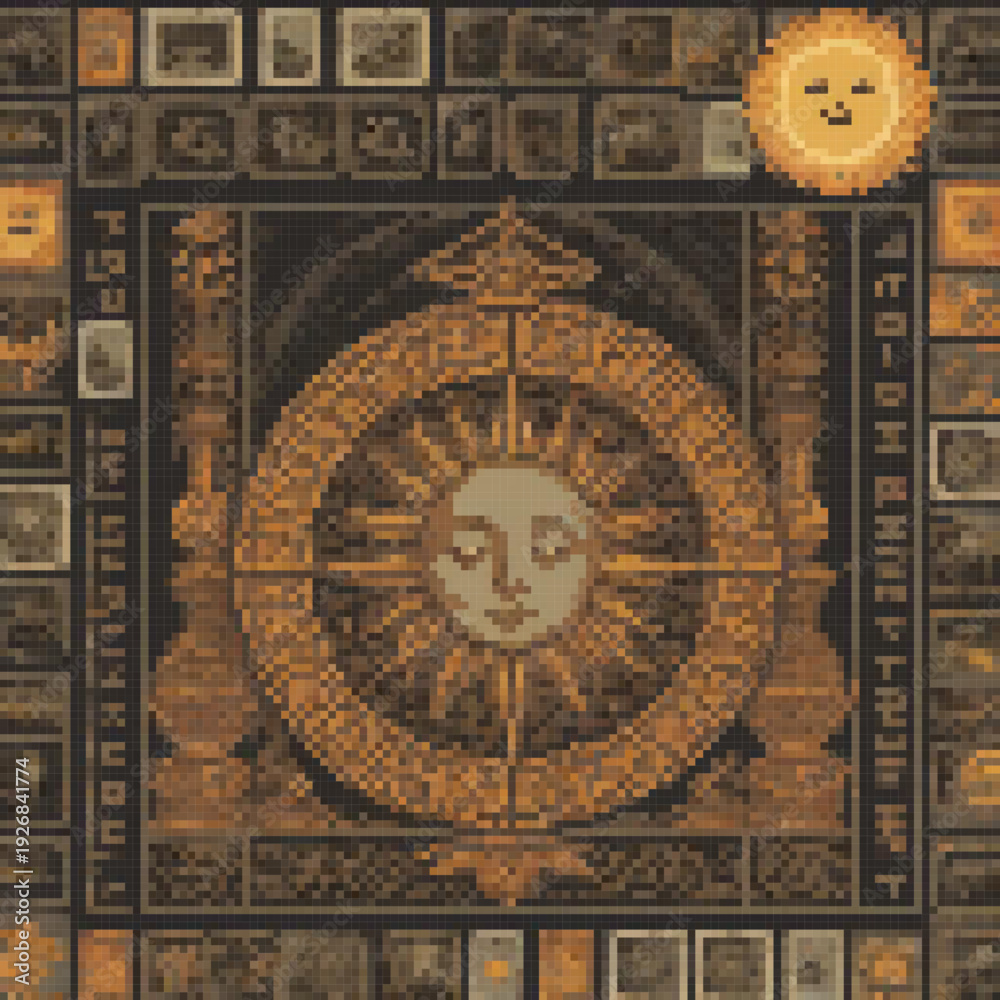 Naklejka premium The image features a sun with a smiling face, surrounded by various symbols and a detailed background.