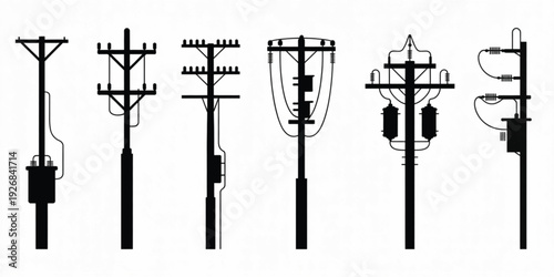 Black vector silhouette set of various electric utility poles with power transmission lines and transformers for industrial energy infrastructure and electrical grid branding