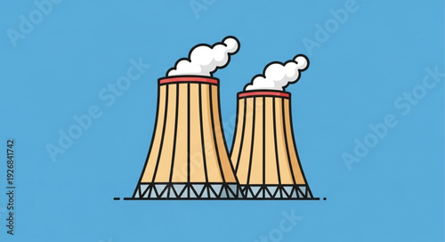 Nuclear power plant cooling towers emitting steam against blue sky background.