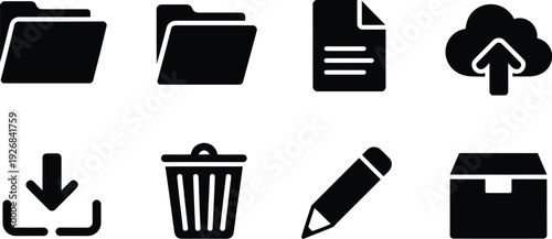 file management icon set featuring folder document cloud upload download trash bin pencil and box symbols for digital productivity interface.