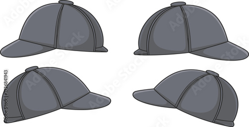 Grey baseball cap vector illustration set, realistic headwear mockup for branding, casual sports hat, apparel design