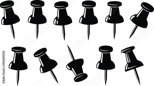 Black vector silhouette set of various office push pins and thumbtacks at different angles for stationery school supplies organization and bulletin board notice branding