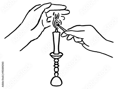 お盆やお彼岸に仏壇のろうそくへ火を灯す手元　供養と祈りの時間・白黒線画イラスト
