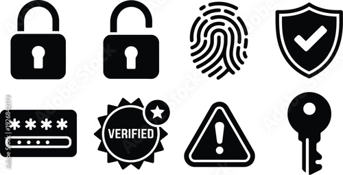 security icon set including padlocks fingerprint shield password verified badge warning sign and key symbols isolated on white background.