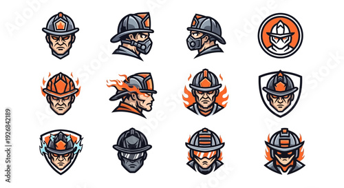 Firefighter Helmets and Shields Icon Set.
