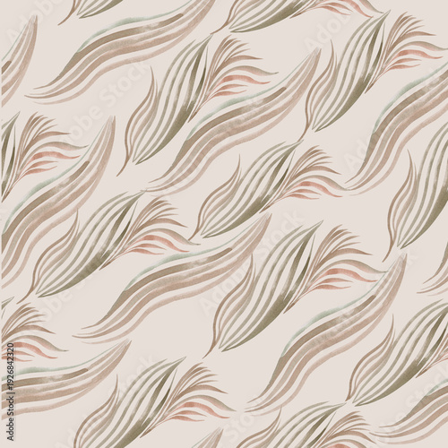 seamless background with feathers, brown stripes and leaves