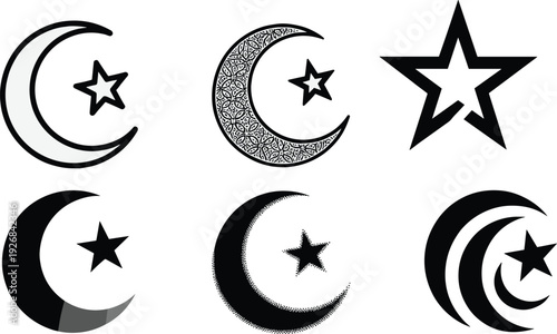 Black and white crescent moon and star Islamic symbols Ramadan