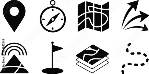 navigation and mapping icon set featuring location pin compass paper map arrows and flag symbols for travel and GPS.