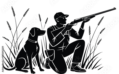 Hunter with shotgun and dog silhouette vector, hunting season outdoor activity, retriever in tall grass field