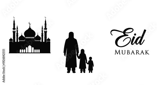 Eid mubarak greeting with mosque and family silhouette