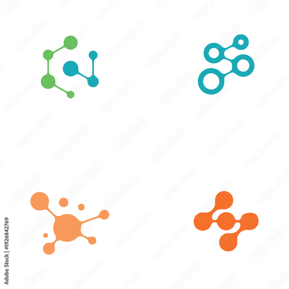 Fototapeta premium Colorful molecular structure icons with interconnected circles and lines on white background icon