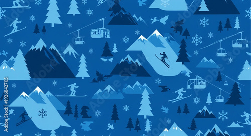 Winter Ski Resort Pattern with Mountains and Skiers.