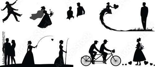 Black vector silhouette set of wedding couples and romantic scenes including bride groom tandem bicycle riding fishing for love and marriage celebration branding
