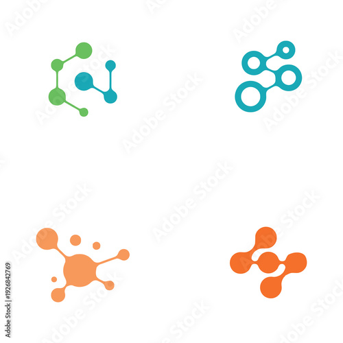 Colorful molecular structure icons with interconnected circles and lines on white background icon