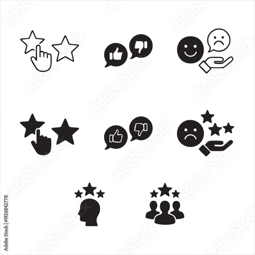 Black and white of ratings stars, thumbs up down, and smiling frowning faces