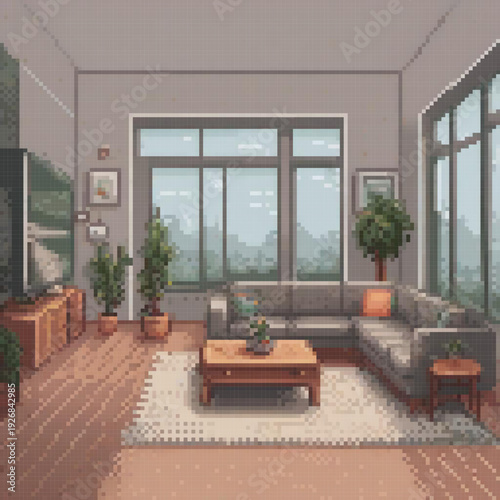 A pixel art image of a cozy living room with a couch, coffee table, potted plants, and a window view of the city.