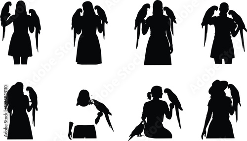 Black vector silhouette set of women posing with large parrots on their shoulders and arms for tropical travel wildlife conservation and zoo branding