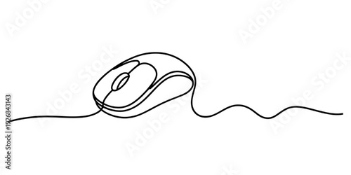 Minimalist single line art illustration of a computer mouse for technology concepts.