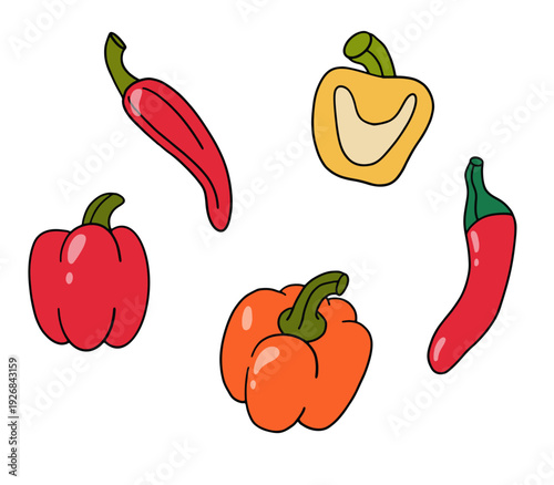 Bulgarian and chili peppers set, vegetable icons. Red, orange, and yellow peppers for menu, kitchen decor, cafe and restaurant decoration