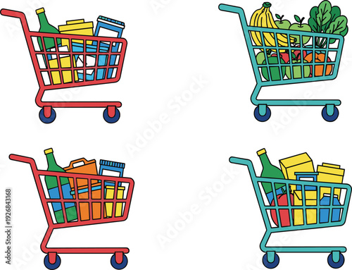 Four colorful shopping carts filled with various and groceries