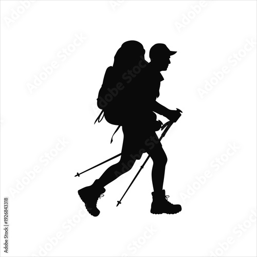 Hiker walking with trekking poles and backpack on white background