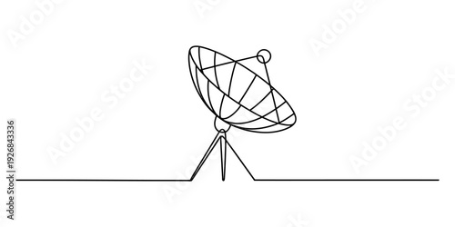 Continuous line drawing of a satellite dish antenna on a tripod for communication.