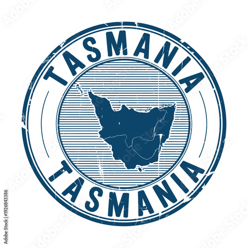 Tasmania map stamp with distressed texture and circular border design