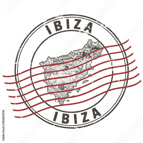 Vintage style stamp featuring a map of ibiza spain with red lines