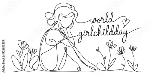 Continuous line drawing of a girl sitting in a garden for world girl child day celebration