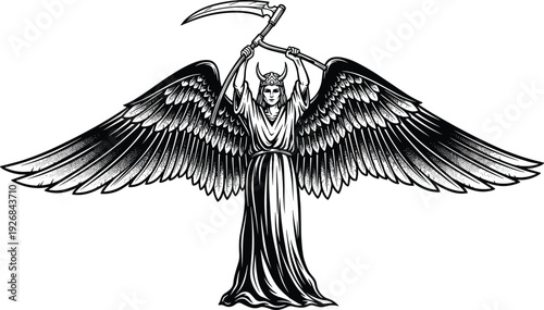Detailed black and white engraving of a dark winged angel holding a large scythe for Gothic fantasy death mythology and occult tattoo branding
