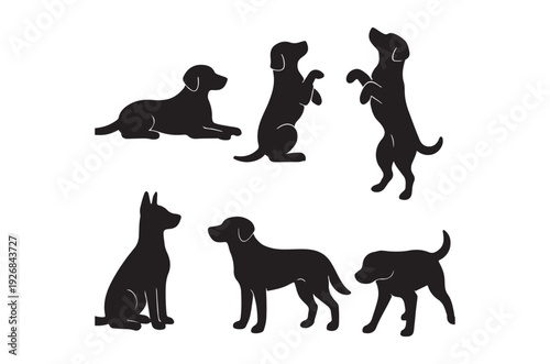 Silhouettes of various dogs in different poses and orientations