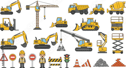 Construction Heavy Equipment Vector Set with Excavator, Crane, Bulldozer, Dump Truck, Cement Mixer, Forklift, Road Signs, and Builder Characters