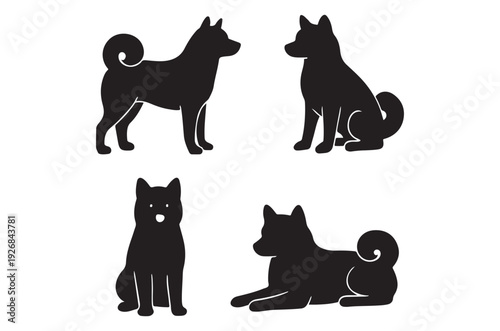 Silhouettes of shiba inu dogs in various poses against white background