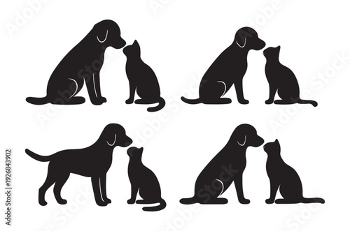 Silhouettes of dogs and cats gently touching noses with each other