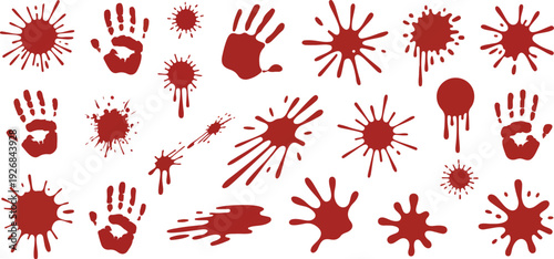 A collection of dark red blood splatter and handprint designs arranged on a pure white background