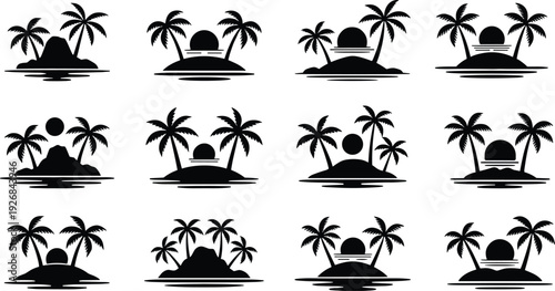 Black silhouette tropical island palm tree palm trees