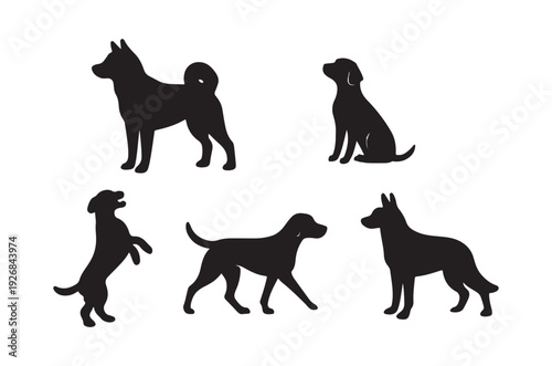 Silhouettes of various dog breeds in different poses against white