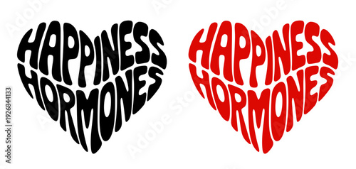 Heart-shaped sticker set featuring "HAPPINESS HORMONES" in colorful and black design