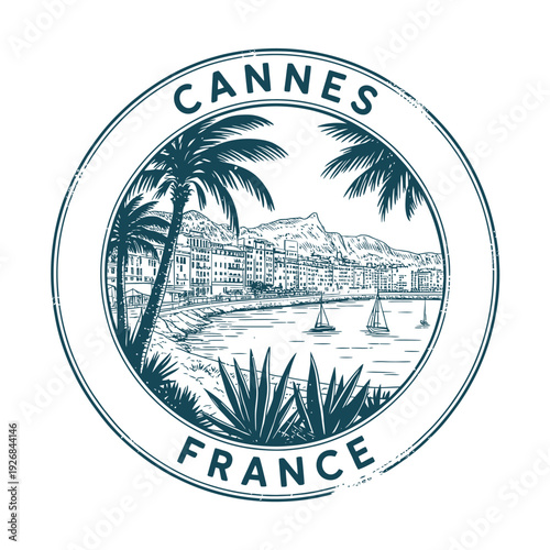 Vintage cannes france emblem featuring palm trees and coastal cityscape