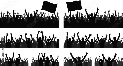 Black silhouettes of crowds cheering with raised hands and flags
