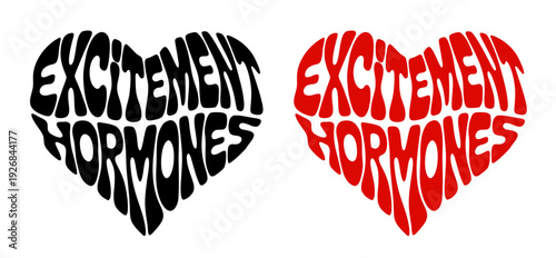 Heart-shaped sticker set featuring "EXCITEMENT HORMONES" in colorful and black design