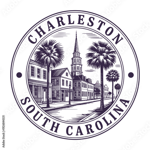 Charleston south carolina emblem featuring palm trees and historic architecture